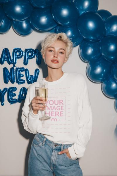 Long Sleeve Shirt Mockup with Female Model Holding Wine Glass