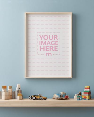 Poster frame Mockup on Blue Wall with Toys and Race Car