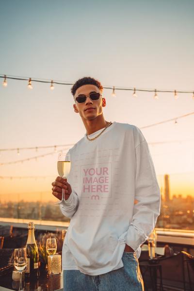 Long Sleeve Shirt Mockup with Man holding Wine in Sunset Scene