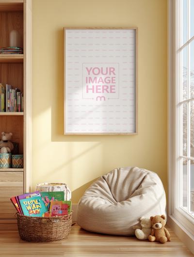Poster Frame Mockup in Kids Room with Teddy and Bean Bag