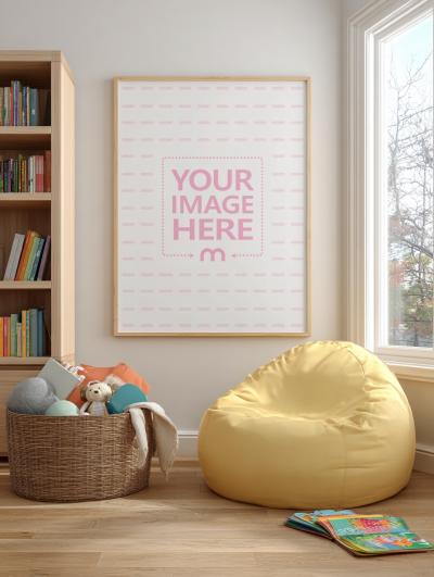 Poster Frame Mockup in Kids Playroom with Bean Bag