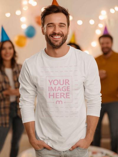 Long Sleeve Shirt Mockup with Smiling Man in Party Crowd