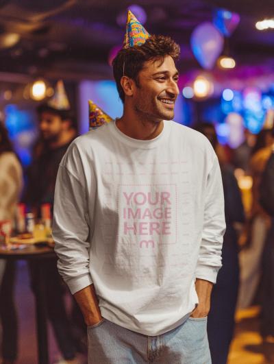 Long Sleeve Shirt Mockup on Man with Birthday Hat at Party