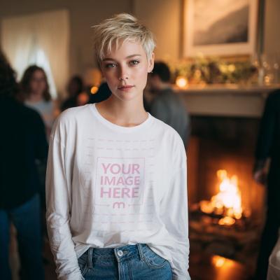 Long Sleeve Shirt Mockup with Woman in Bokeh Party Scene