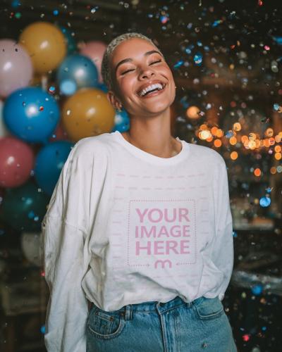 Long Sleeve Shirt Mockup with Woman at Night Party Scene