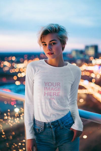 Long Sleeve T-Shirt Mockup with Short-Haired Woman at Night