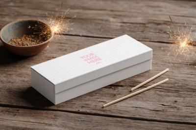 Long Packaging Box Mockup on Table with Fireworks