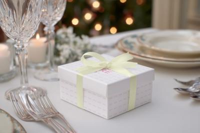 Gift Box Mockup with Elgant White Ribbon on Christmas Table
