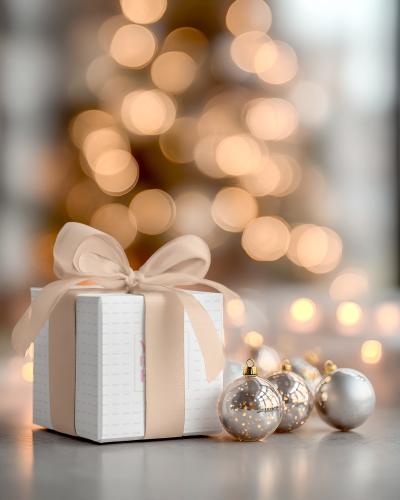 Gift Box Mockup with White Ribbon and Warm Christmas Ornaments