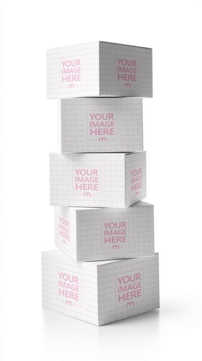 Five Stacked Boxes Mockup on White in Minimal Composition