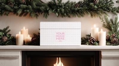 Rectangular Gift Box Mockup on Fireplace Mantel with Greenery