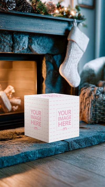 Gift Box Mockup on Stone Hearth with Christmas Stocking