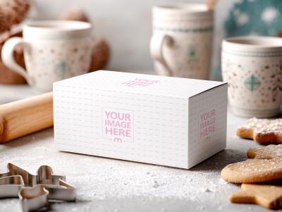 Gift Box Mockup Flatlay on Cookie Workspace with Mugs and Lights