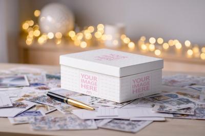 Gift Box Mockup on Desk with Postcards and Bokeh Lights