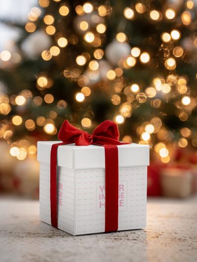 Gift Box Mockup with Red Ribbon on Table with Tree Lights
