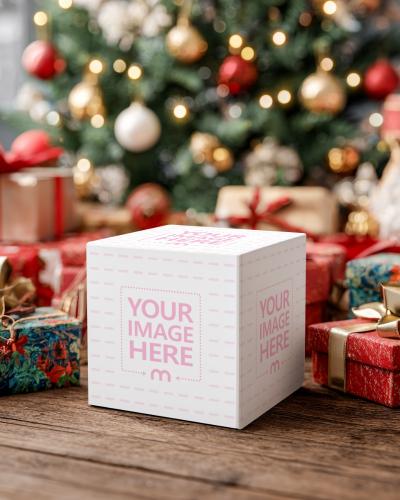 Gift Box Mockup on Wooden Floor with Tree and Presents Behind