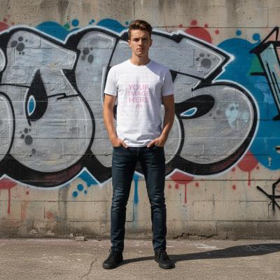 Men T-Shirt Mockup Worn in Front of Urban Graffiti Wall