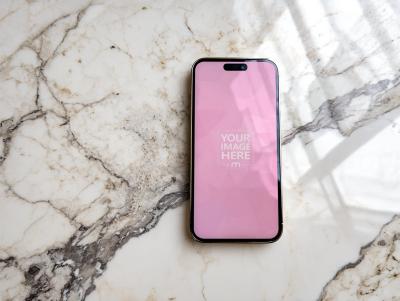 Smartphone Mockup Flat on Marble Table Top View