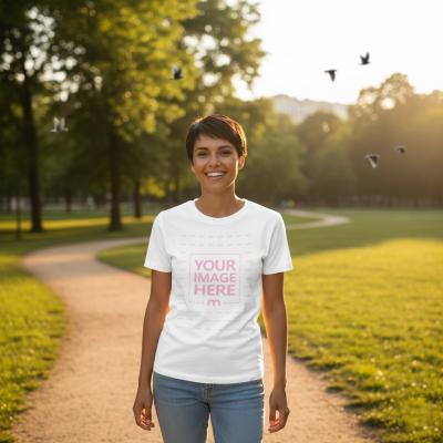 T-Shirt Mockup with Woman Worn Outdoors on Sunlit Park Path