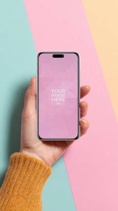 Smartphone Mockup in Hand Against Multicolor Scene