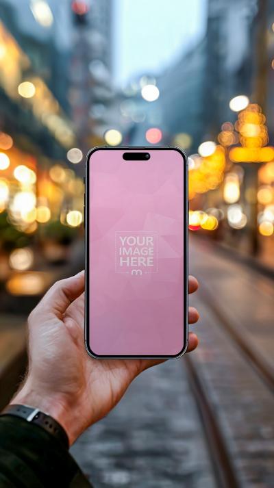 Smartphone Mockup Held Outdoors on City Street in Evening