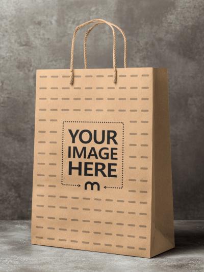 Paper Bag Mockup Standing on Concrete Surface in Neutral Studio
