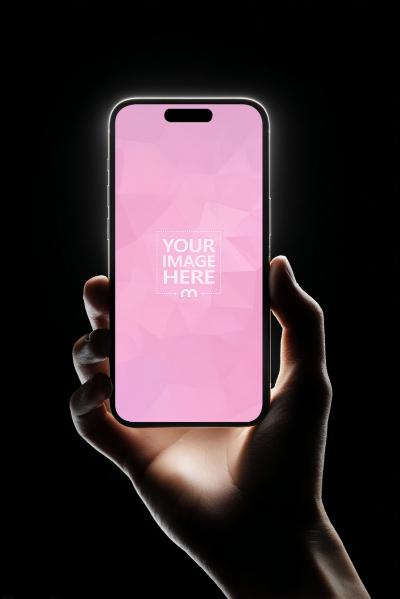 Glowing Smartphone Mockup Held in Hand  in Dark Background