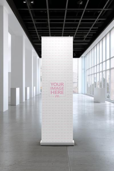 Rollup Banner Mockup Standing in Modern Gallery
