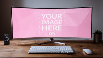 Ultrawide Monitor Mockup on Wooden Desk in Modern Workspace