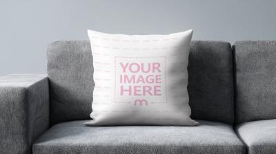 Square Pillow Mockup on Modern Sofa in Living Room Scene