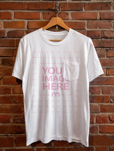 T-Shirt Mockup Hanging on Wooden Hanger on Brick Wall