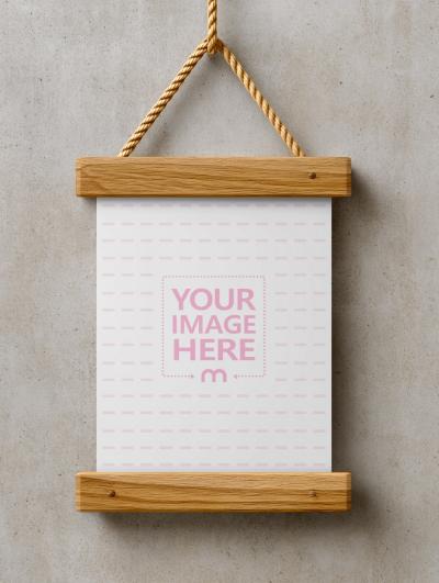 Wooden Poster Mockup Hanging with Rope Frame