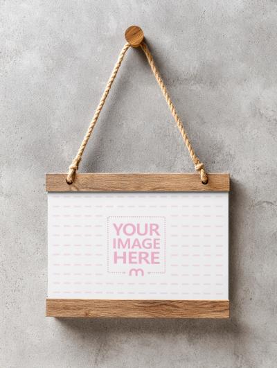 Wooden Sign Mockup with Rope Hanger on Concrete Wall
