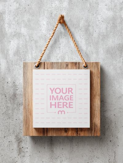 Square Wooden Sign Mockup with Rope Hanger