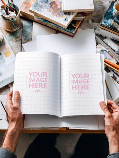 Open Book Mockup Held by Hands on Artist's Desk