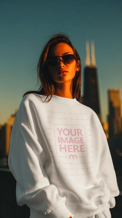 Sweatshirt Mockup Worn by Model at City Sunset Light
