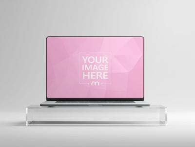 Laptop Mockup on Clear Acrylic Stand in Front View