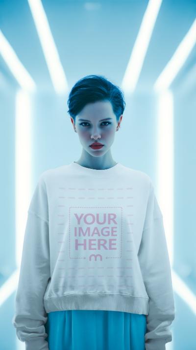 Sweatshirt Mockup Worn by Model in Futuristic Neon Lights