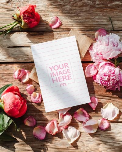 Card Mockup in Flat Lay on Wooden Table with Rustic Styling