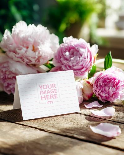 Folded Card Mockup on Wooden Surface in Natural Light