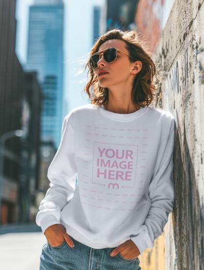 Sweatshirt Mockup Worn by Model Leaning on Urban Wall