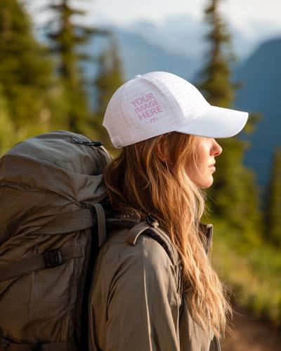 Side Cap Mockup Worn by Hiker with Backpack in Mountain Landscape