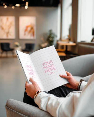 Open Book Mockup Held by Reader in Modern Lounge