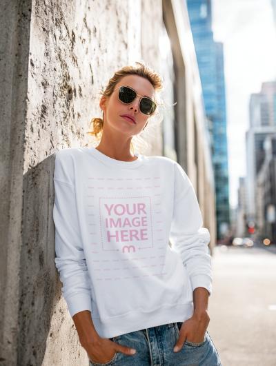Sweatshirt Mockup Worn by Model Leaning Against Concrete Wall