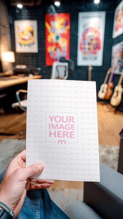 Paper Mockup Held by Hand in Cozy Home Office with Bookshelves