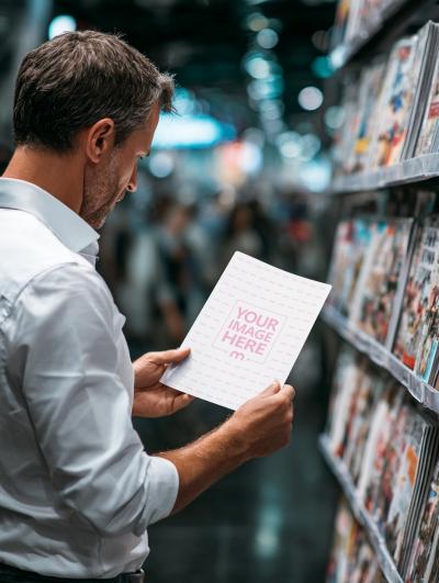 Magazine Mockup Held by Person in Magazine Store Aisle