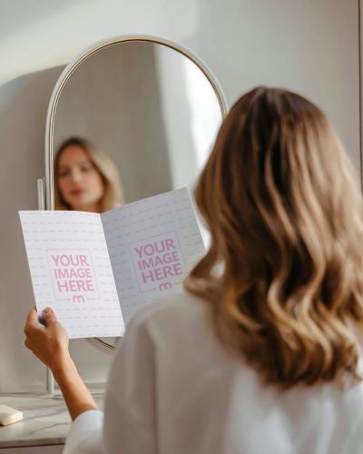 Opened Magazine Mockup Held by Woman at Home with Mirror