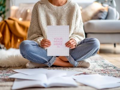Paper Mockup Held by Woman Sitting on Cozy Interior