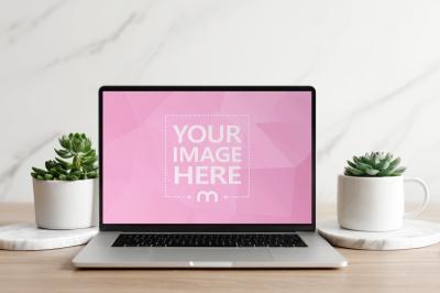 Laptop Mockup Centered Between Succulent and Coffee Cup