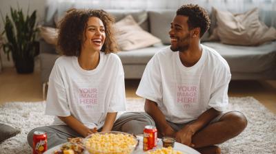 Shirt Mockup with Smiling Couple Relaxing on Living Room Floor